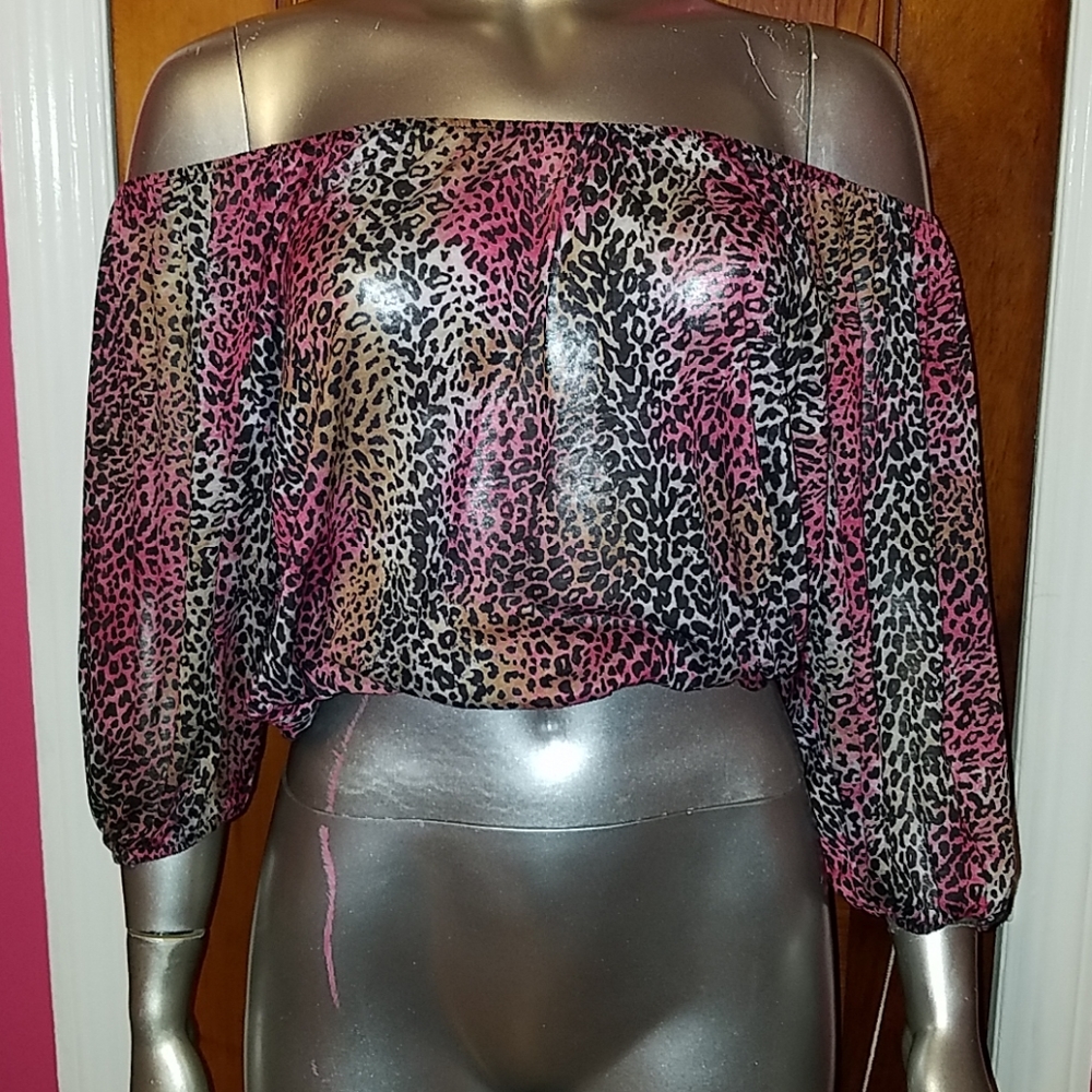 Penelope Project leopard pink crop top shirt blouse brown off shoulder cheetah